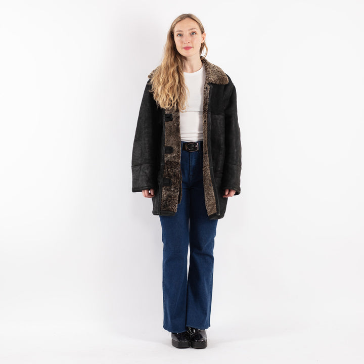 Vintage 90's Women Sheepskin Shearling Coat in Black