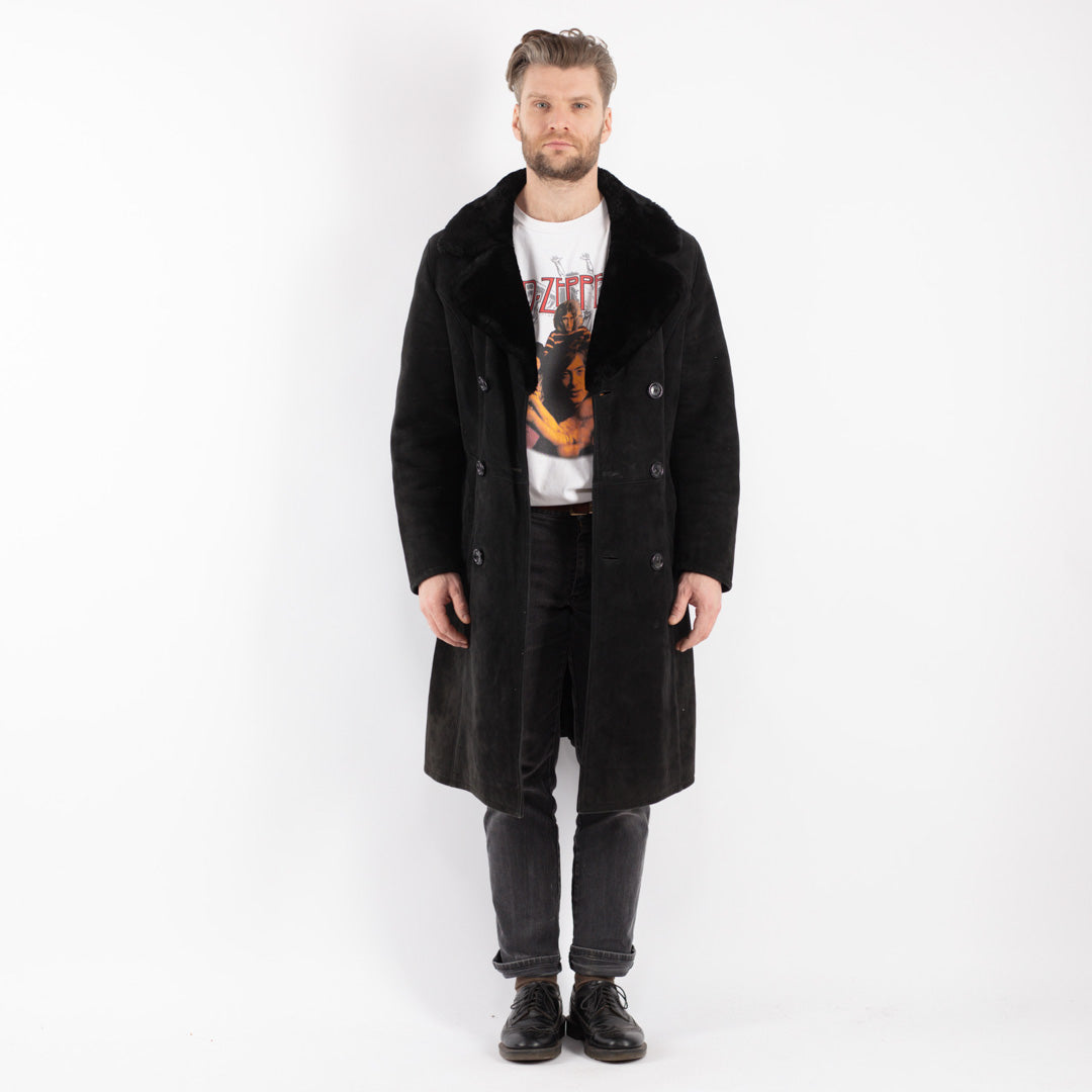 Vintage 70's Men Sheepskin Shearling Coat in Black