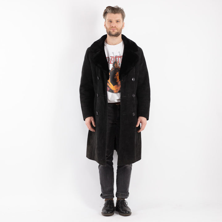 Vintage 70's Men Sheepskin Shearling Coat in Black