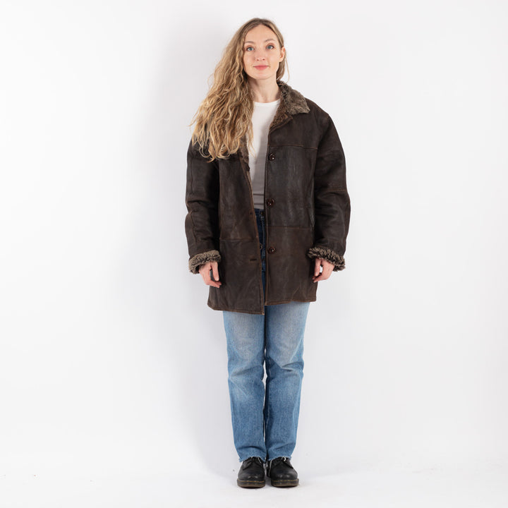 Vintage 90's Women Sheepskin Shearling Coat in Brown