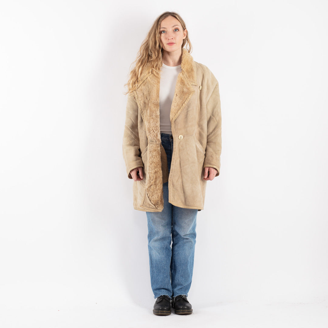 Vintage 80's Women Sheepskin Shearling Coat in Beige