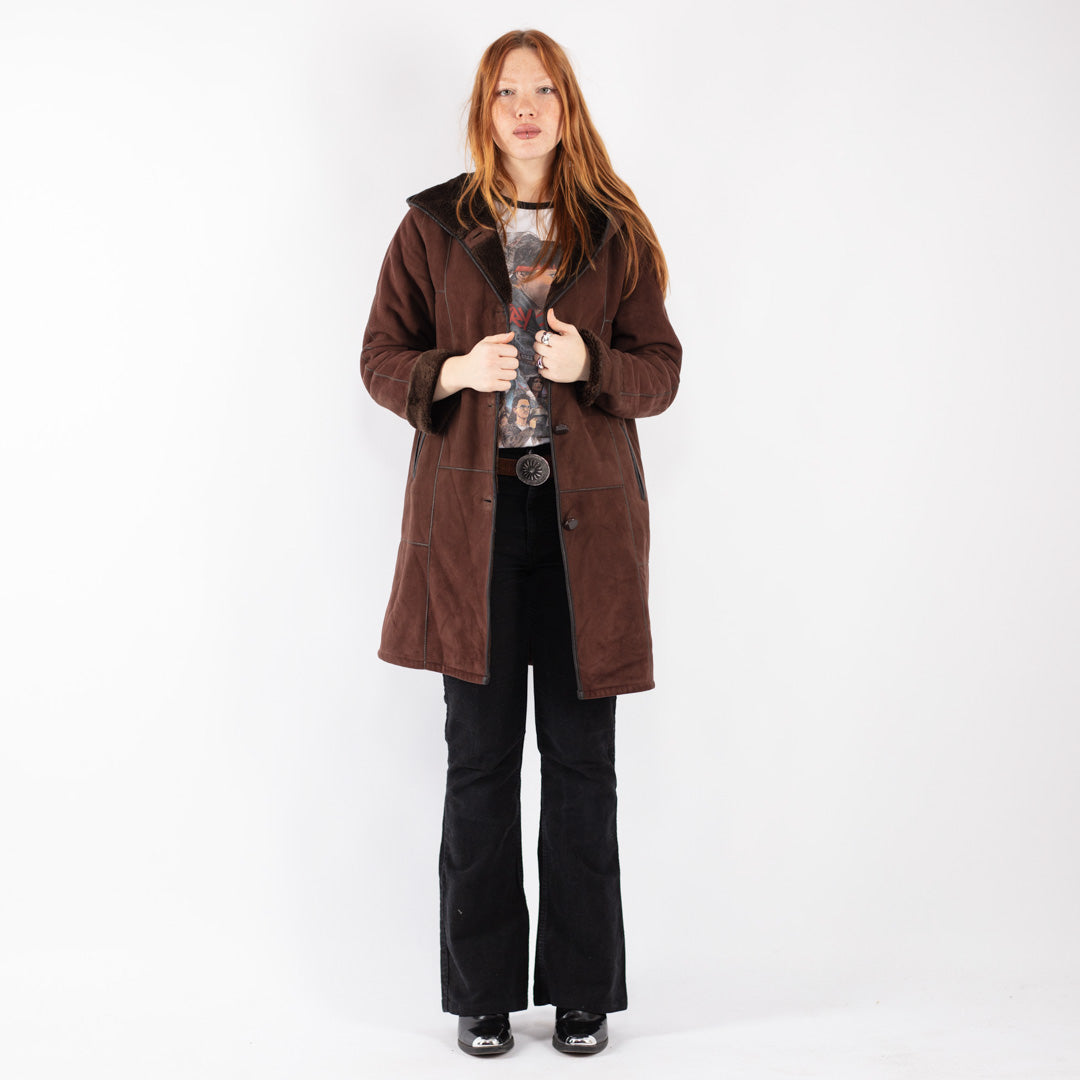 Vintage 90's Women Faux Sheepskin Coat in Brown