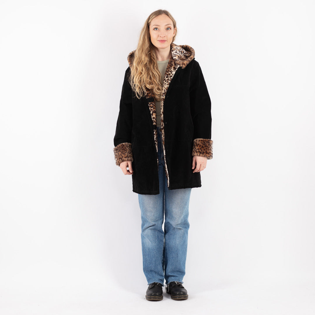 Vintage 90's Women Suede Sherpa Coat in Black