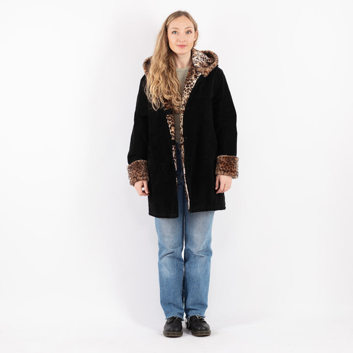 Vintage 90's Women Suede Sherpa Coat in Black