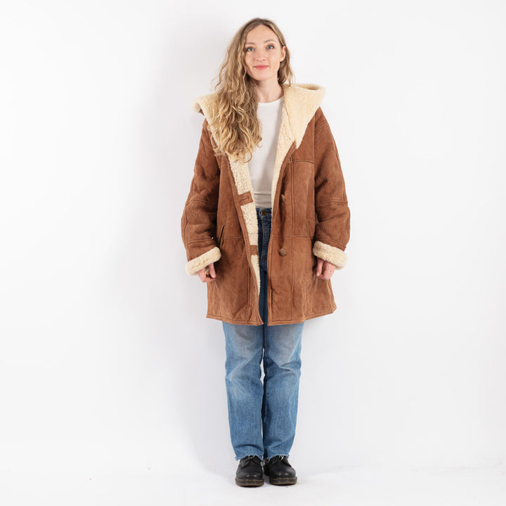 Vintage 80's Women Sheepskin Shearling Coat in Brown