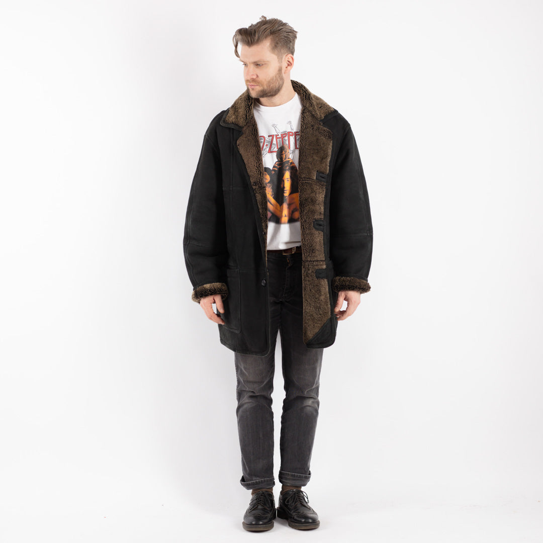Vintage 90's Men Sheepskin Coat in Black