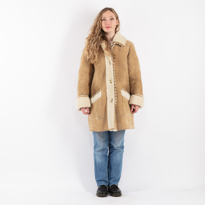 Vintage 90's Women Sheepskin Coat in Beige