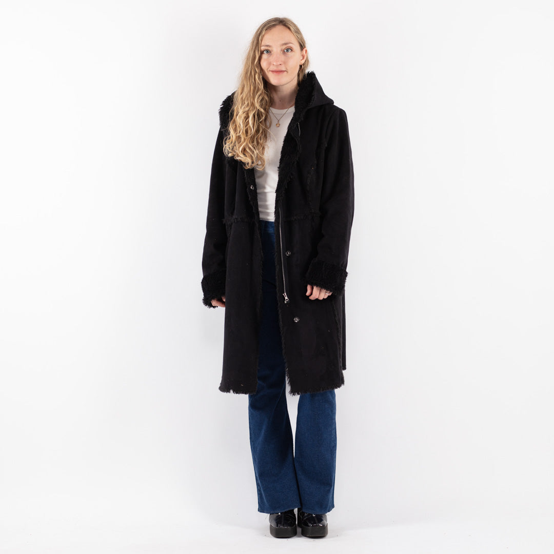 Vintage 90's Women Faux Sheepskin Coat in Black