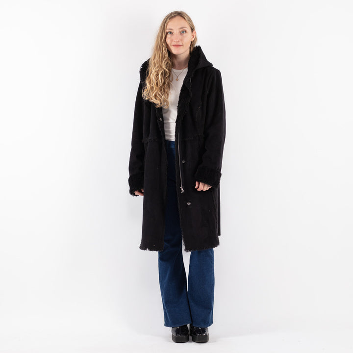 Vintage 90's Women Faux Sheepskin Coat in Black