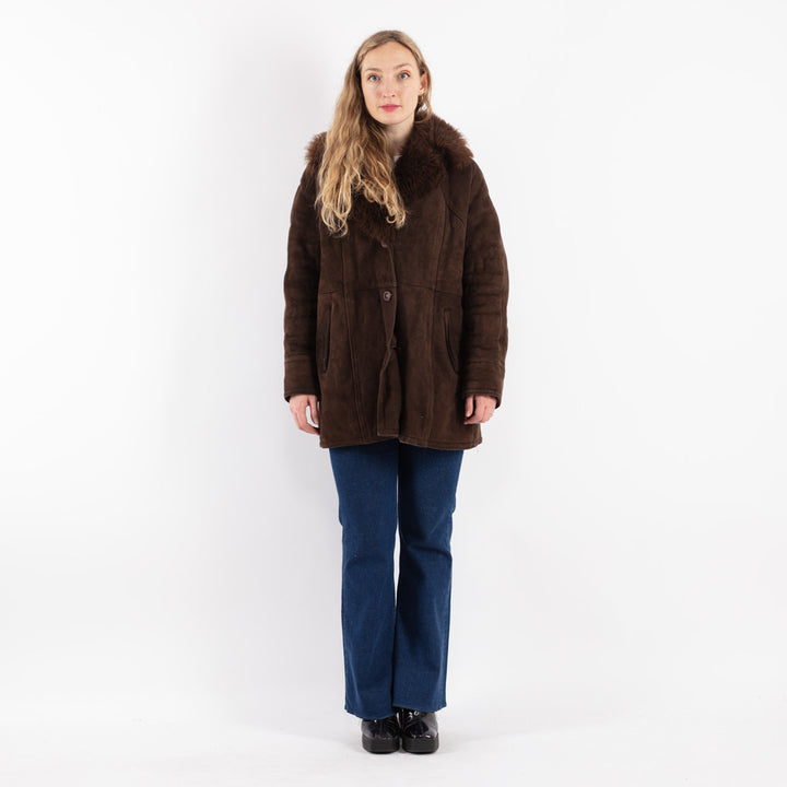 Vintage 70's Women Sheepskin Shearling Coat in Brown