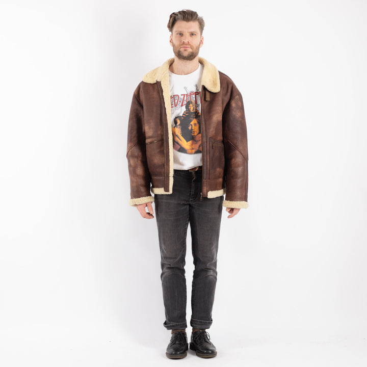 Vintage 90's Men B-3 Style Sheepskin Bomber Jacket in Brown - NorthernGrip