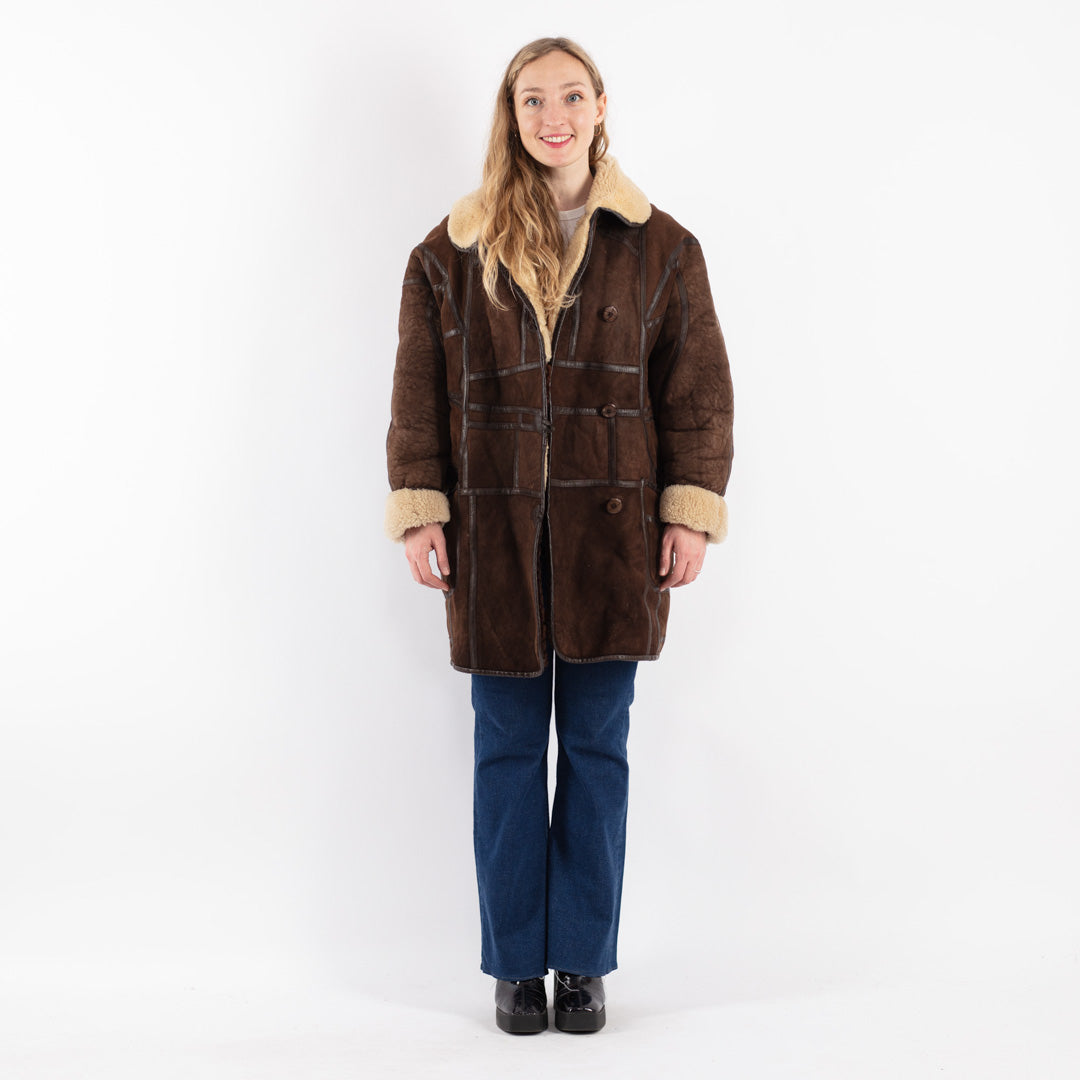 Vintage 80's Women Sheepskin Shearling Coat in Brown