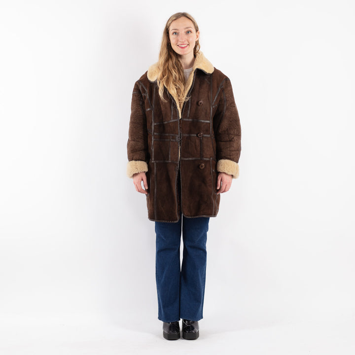 Vintage 80's Women Sheepskin Shearling Coat in Brown