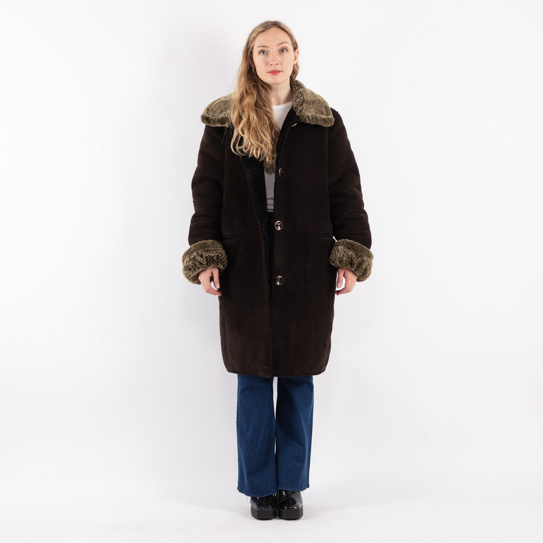 Vintage 90's Women Faux Sheepskin Coat in Brown