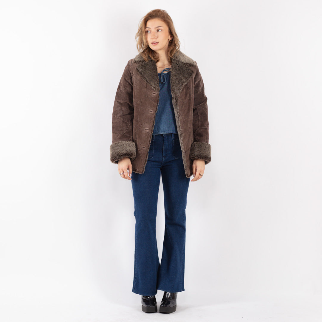 Vintage 90's Women Suede Sherpa Coat in Brown