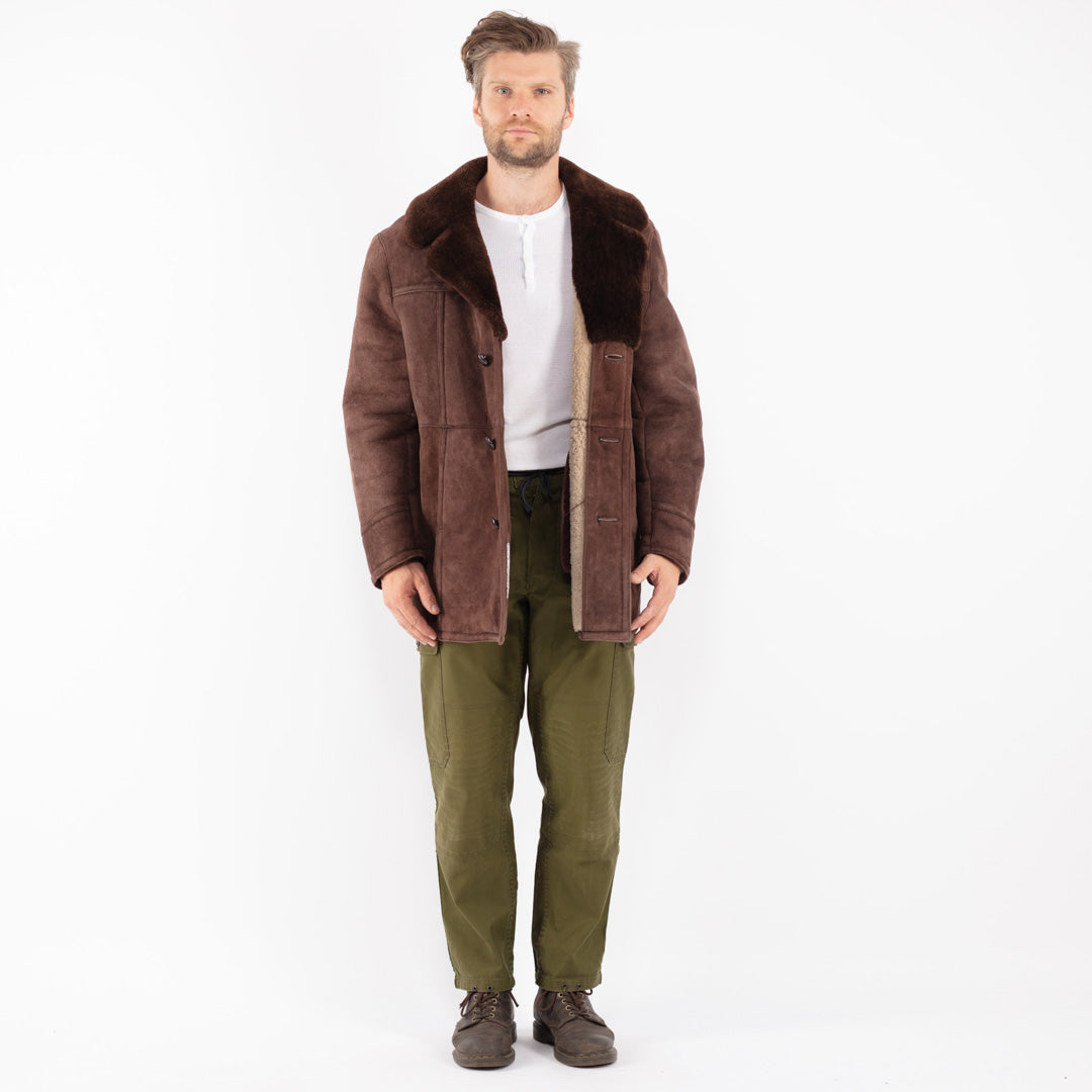 Vintage 70's Men Sheepskin Shearling Coat in Brown