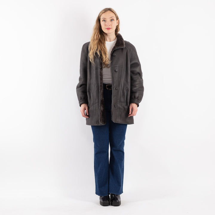 Vintage 80's Women Sheepskin Shearling Coat in Gray