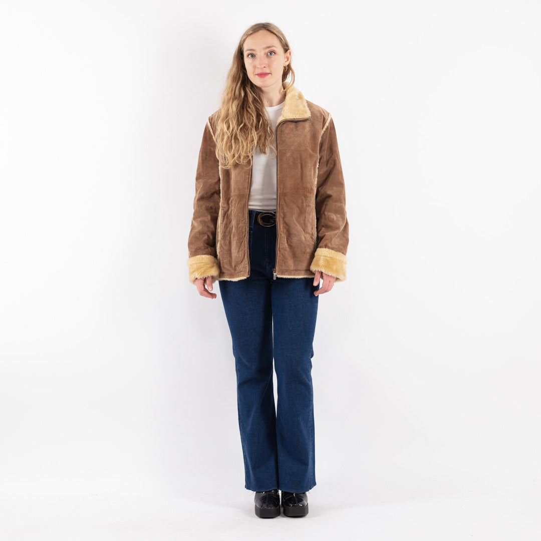 Vintage 90's Women Suede Sherpa Jacket in Brown