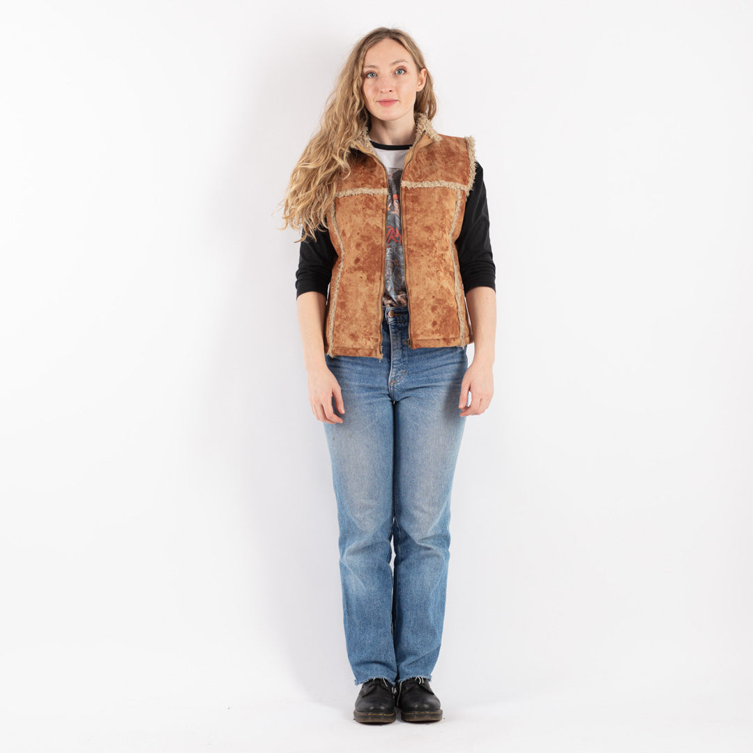 Vintage 90's Women Faux Sheepskin Vest in Brown