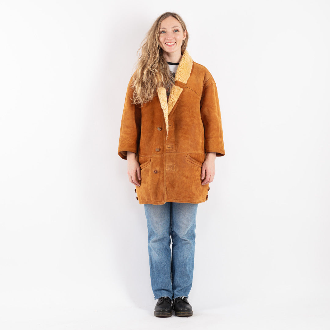 Vintage 80's Women Sheepskin Shearling Coat in Brown