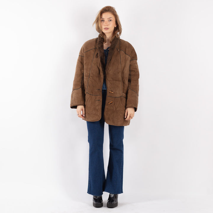 Vintage 80's Women Sheepskin Shearling Coat in Brown