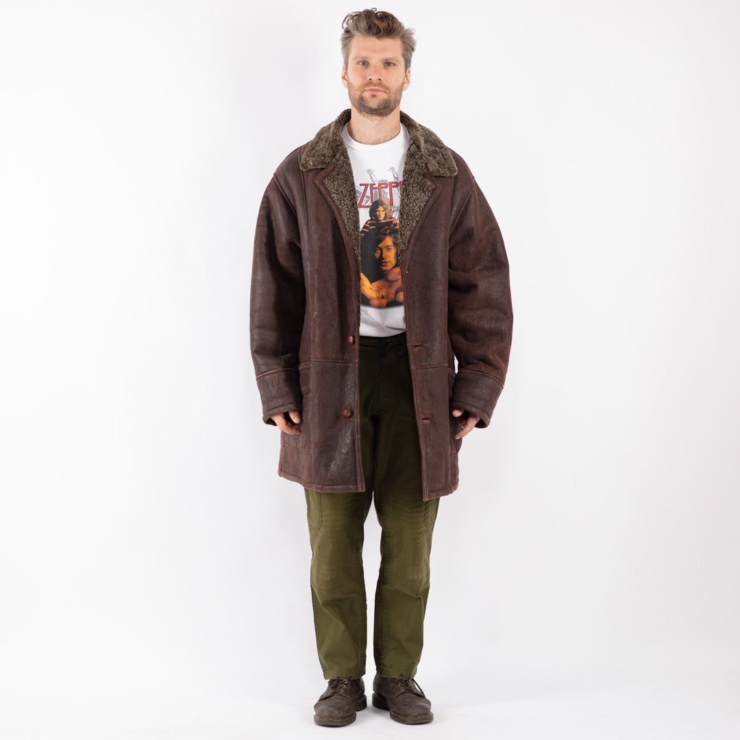 Vintage Men Sheepskin Shearling Coat in Brown