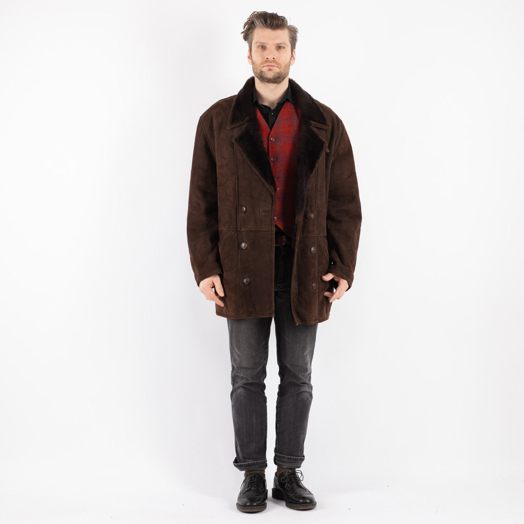 Vintage 80's Men Sheepskin Shearling Coat in Brown