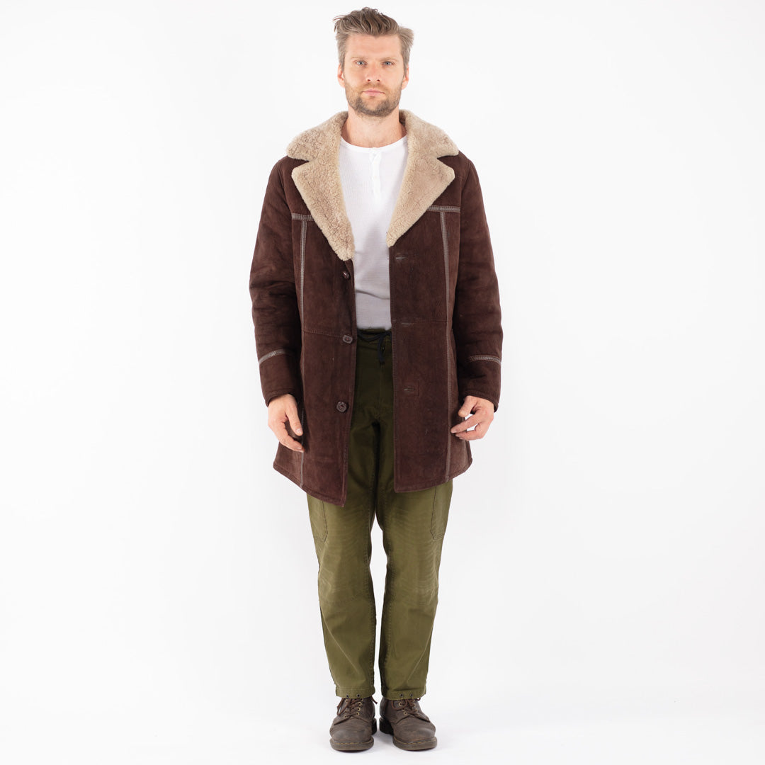 Vintage 70's Men Sheepskin Shearling Coat in Brown