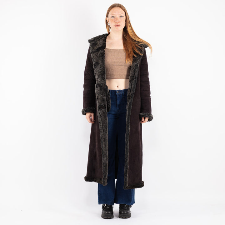 Vintage 90's Women Faux Sheepskin Coat in Black