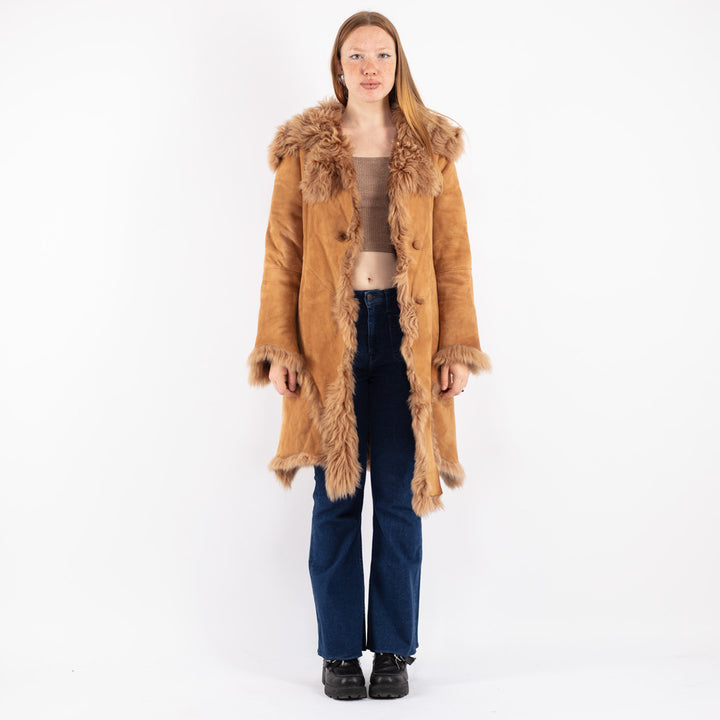 Vintage 90's Women Sheepskin Shearling Coat in Brown