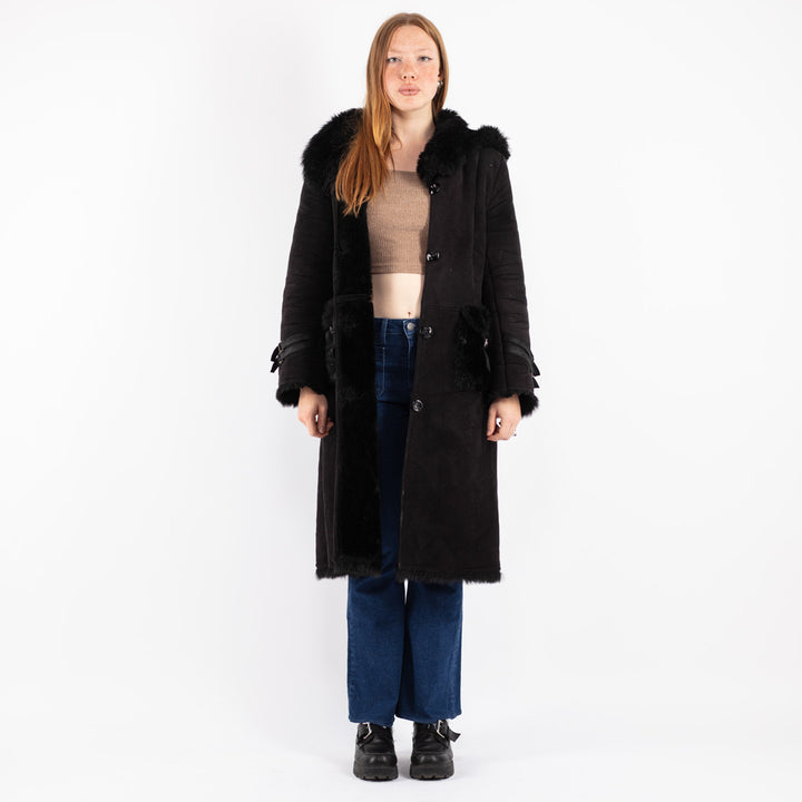 Vintage 90's Women Faux Sheepskin Coat in Black