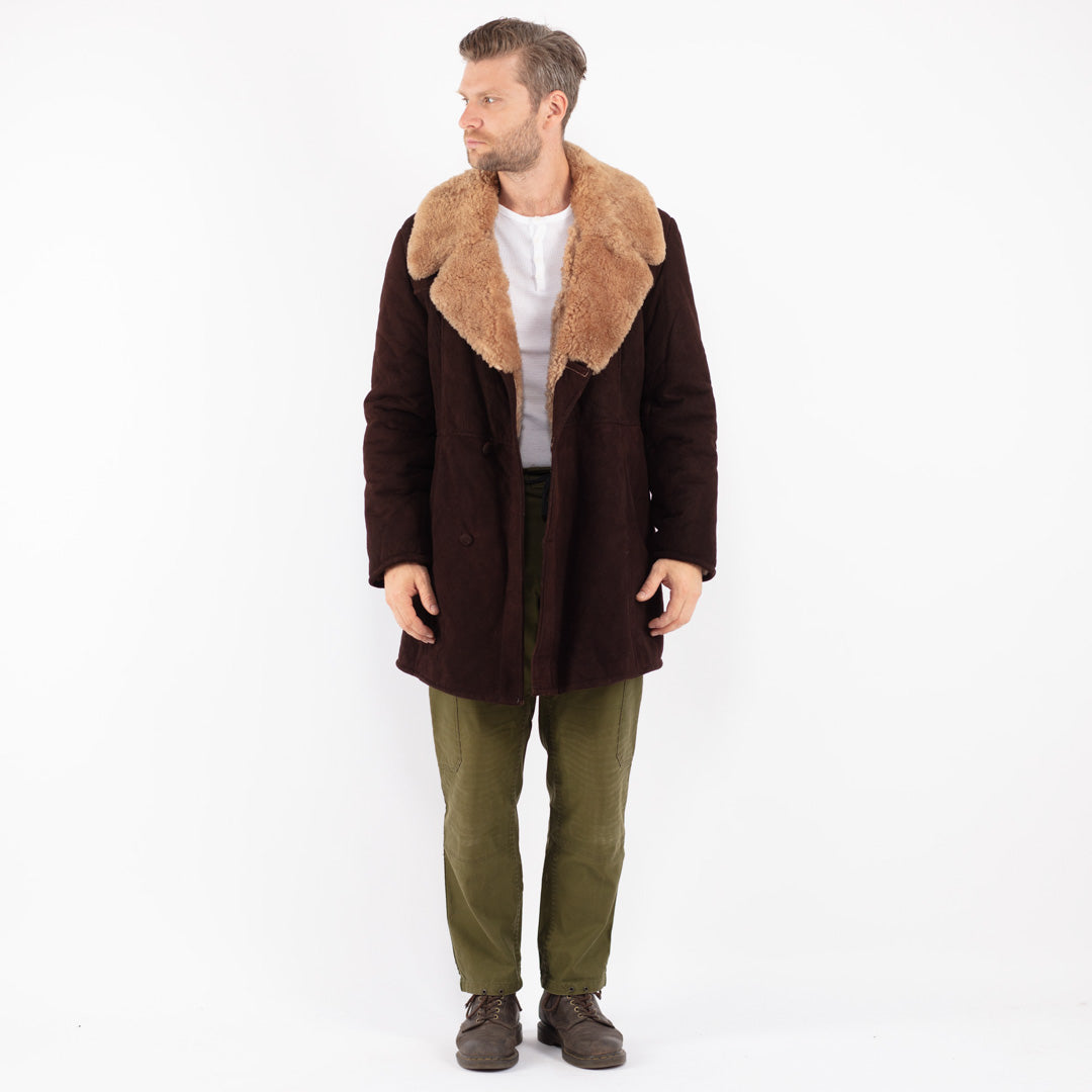 Vintage 70's Men Sheepskin Shearling Coat in Brown