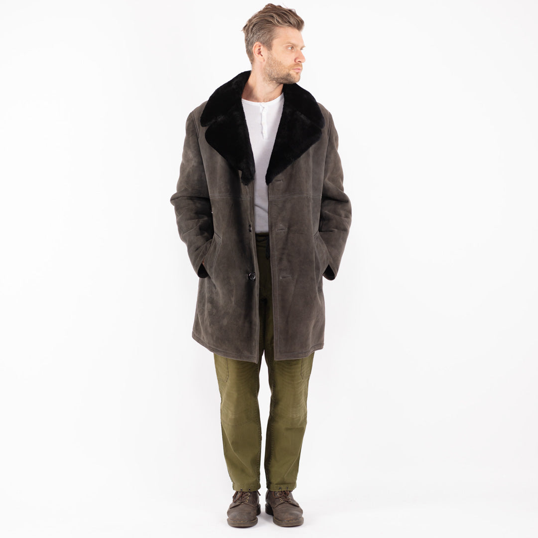 Vintage 70's Men Sheepskin Shearling Coat in Gray