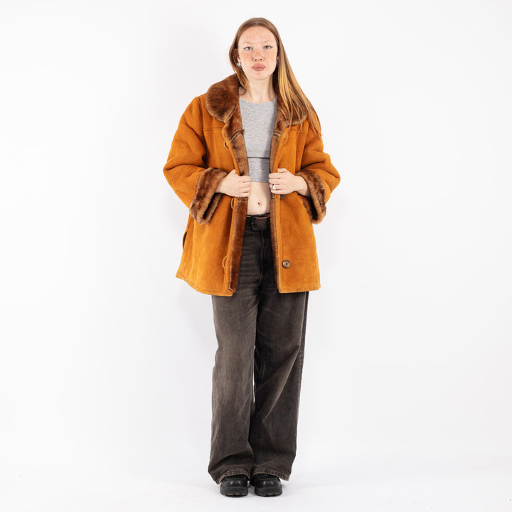 Vintage 80's Women Sheepskin Shearling Coat in Brown