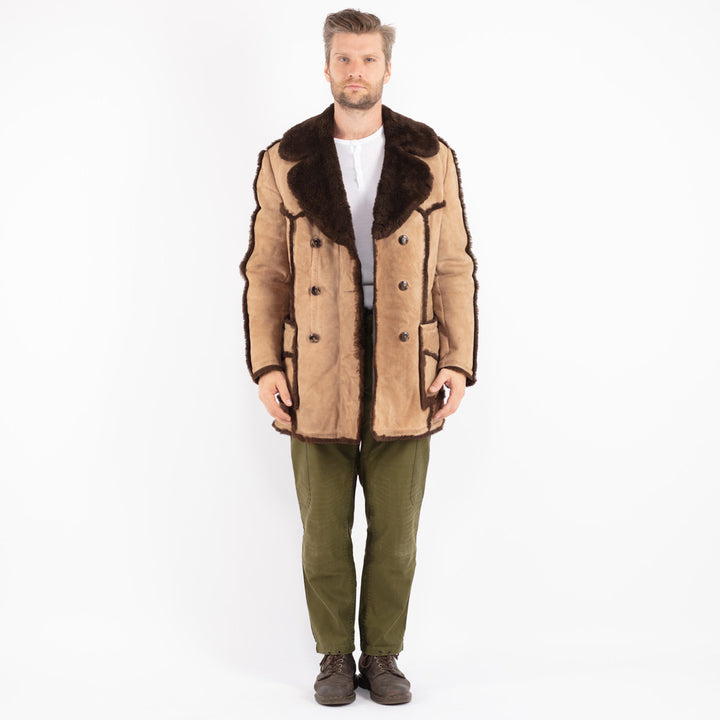 Vintage 70's Men Sheepskin Shearling Coat in Beige