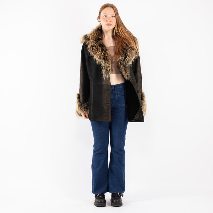 Vintage 90's Women Sheepskin Shearling Coat in Black