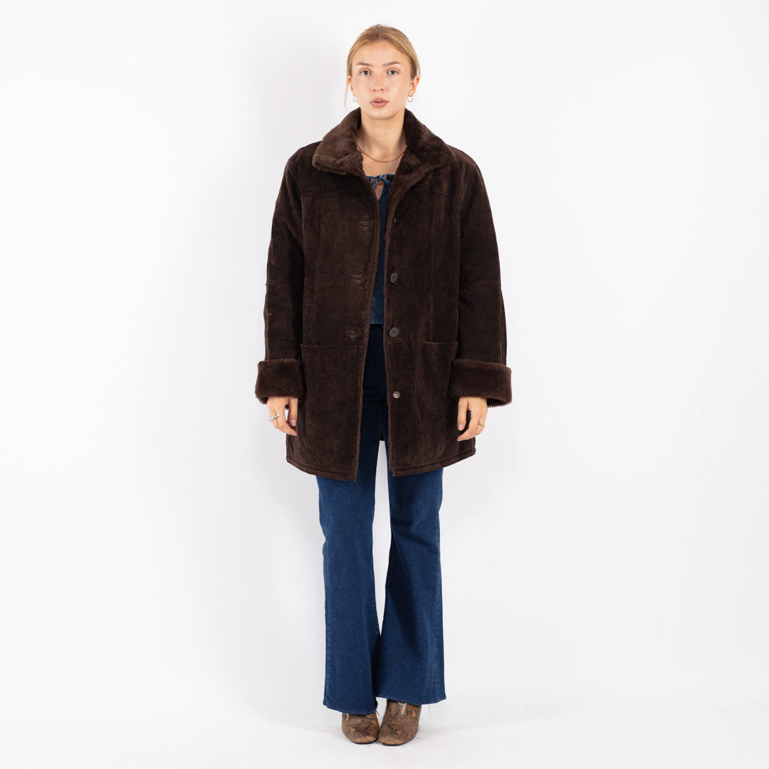 Vintage 90's Women Suede Sherpa Coat in Brown