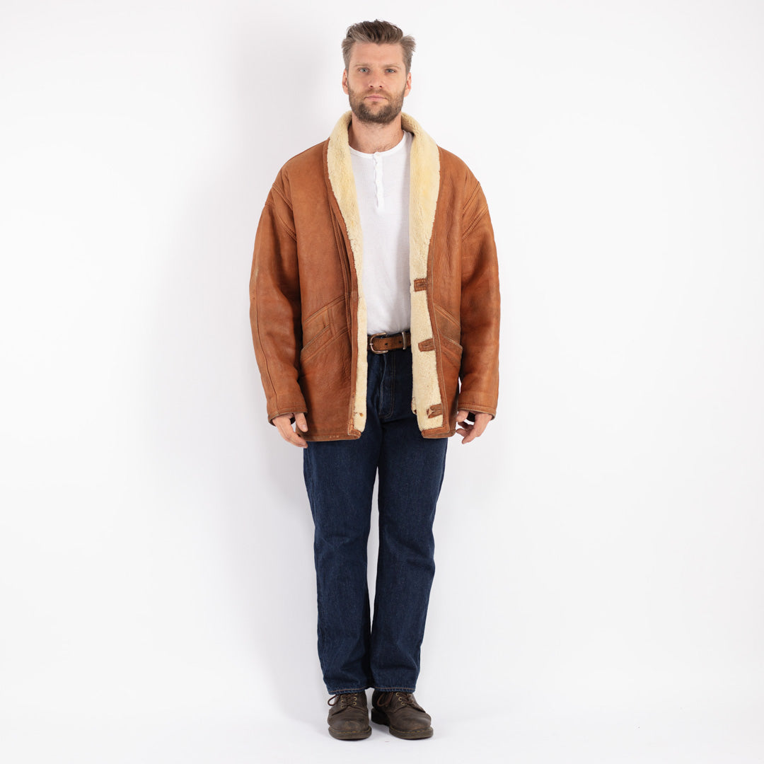 Vintage 80's Men Sheepskin Shearling Coat in Brown