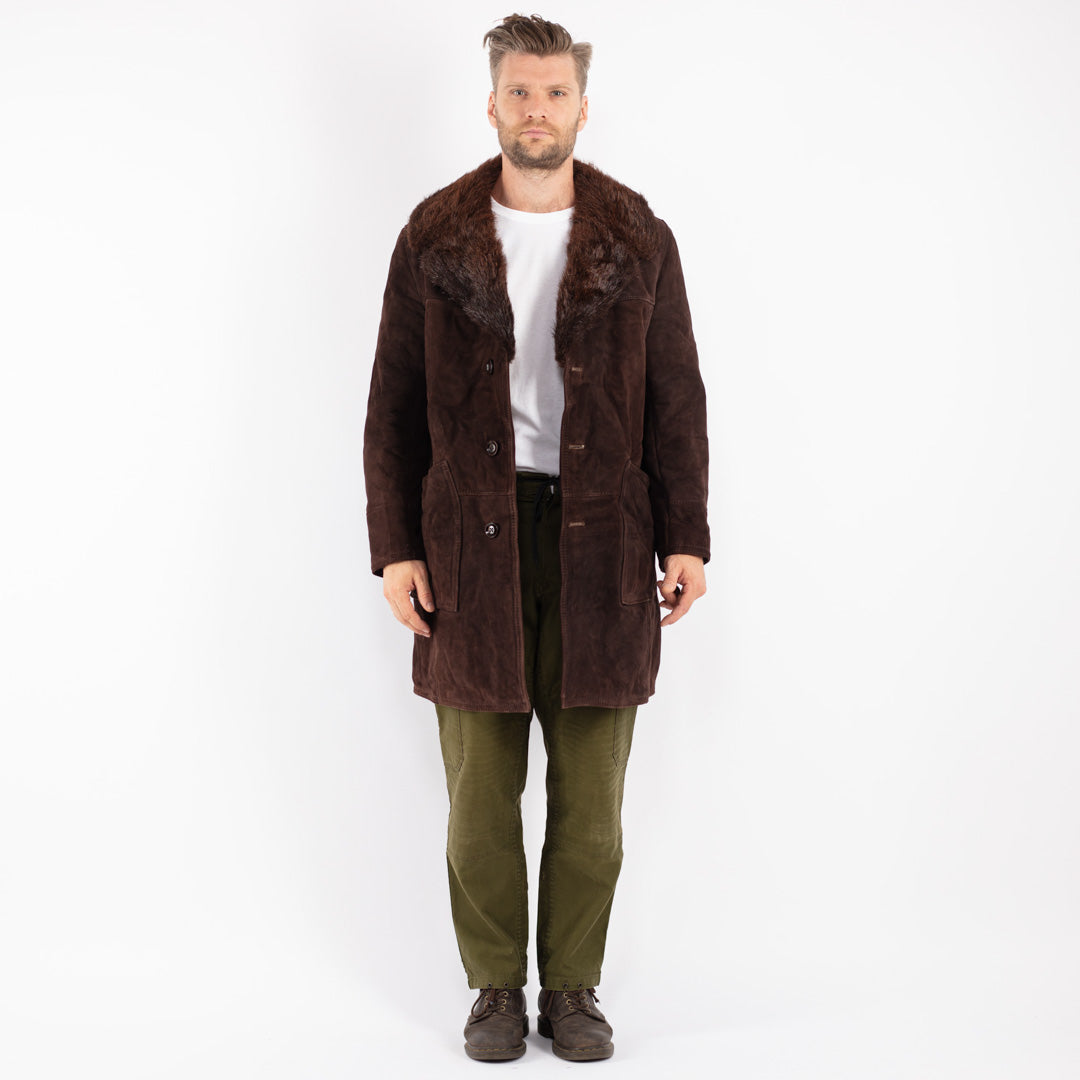 Vintage Men Sheepskin Shearling Coat in Brown