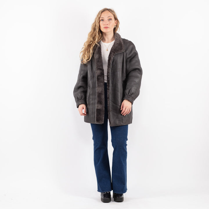 Vintage 80's Women Sheepskin Coat in Gray