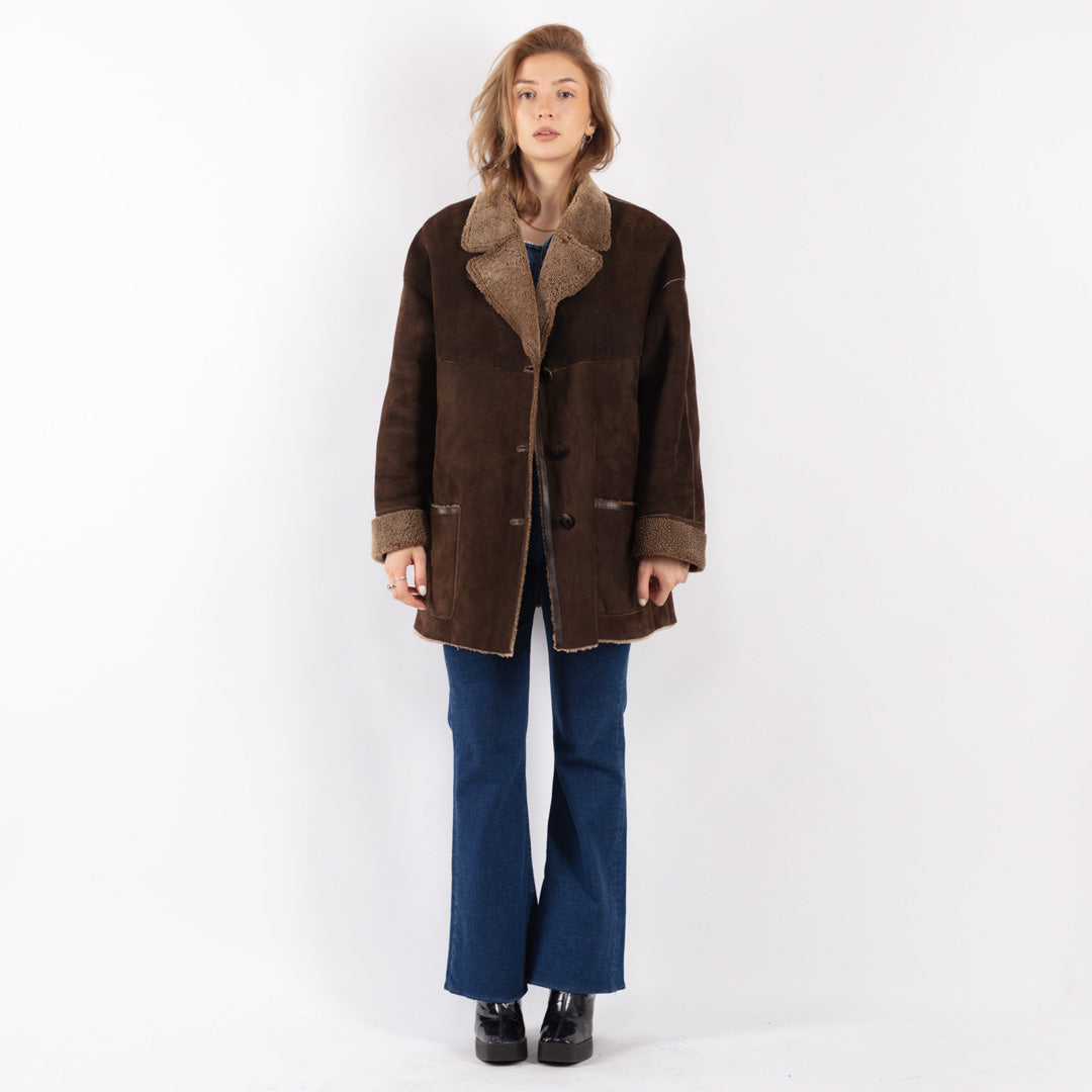 Vintage 90's Women Sheepskin Shearling Coat in Brown