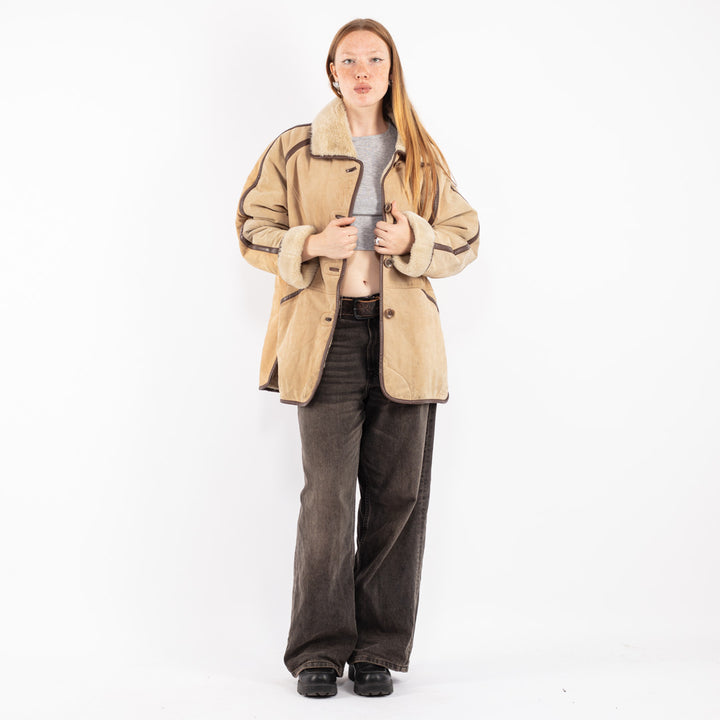 Vintage 90's Women Suede Sherpa Coat in Beige