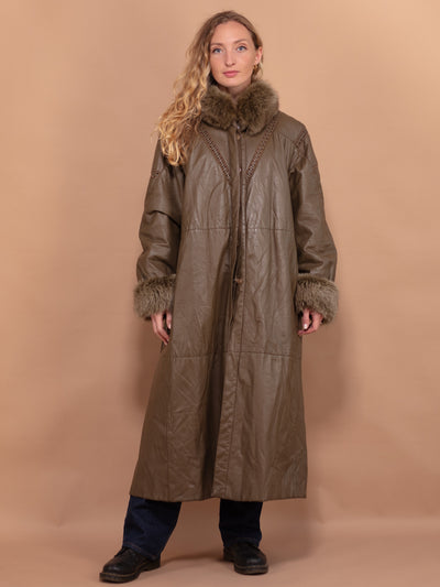 Leather Fur Coat, Size Large XL Warm Leather Fur Coat, Brown Fur Overcoat, Leather Maxi Coat, Penny Lane, Retro Chic, Elegant Fur Coat