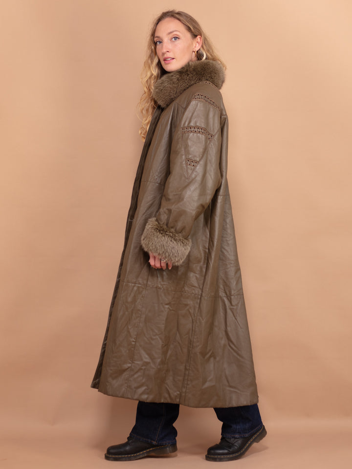 Leather Fur Coat, Size Large XL Warm Leather Fur Coat, Brown Fur Overcoat, Leather Maxi Coat, Penny Lane, Retro Chic, Elegant Fur Coat