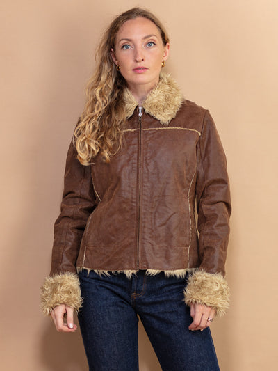 Faux Shearling Jacket, Size S, Vintage 00's Women Jacket, Leather Sherpa Jacket, Faux Shearling Bomber Jacket, Aviator Pilot Style Jacket