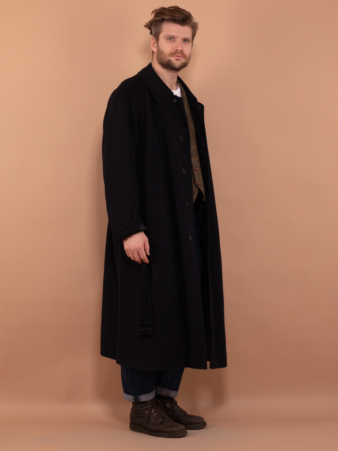 Wool and Cashmere Overcoat 80's, Size XXL, Vintage Greatcoat, Navy Blue Wool Blend Coat, Belted Maxi Coat, Long Oversized Coat, Outerwear