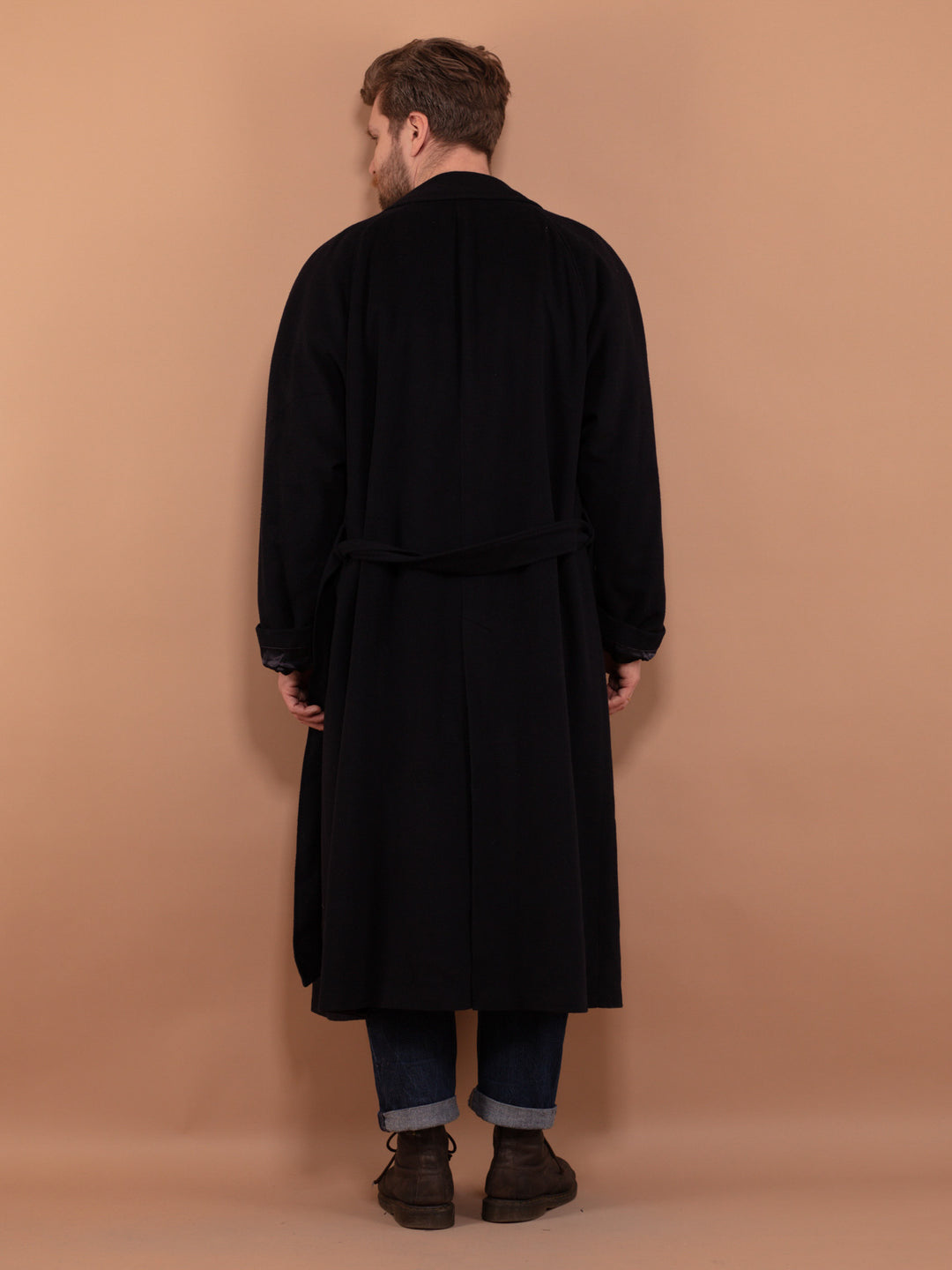 Wool and Cashmere Overcoat 80's, Size XXL, Vintage Greatcoat, Navy Blue Wool Blend Coat, Belted Maxi Coat, Long Oversized Coat, Outerwear