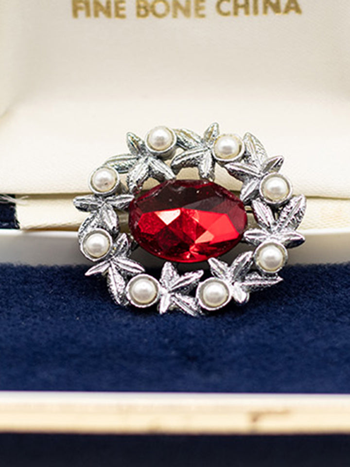 Vintage 60's Ruby Red Rhinestone & Faux Pearl Wreath Brooch