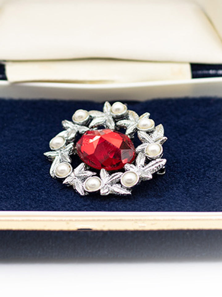 Vintage 60's Ruby Red Rhinestone & Faux Pearl Wreath Brooch