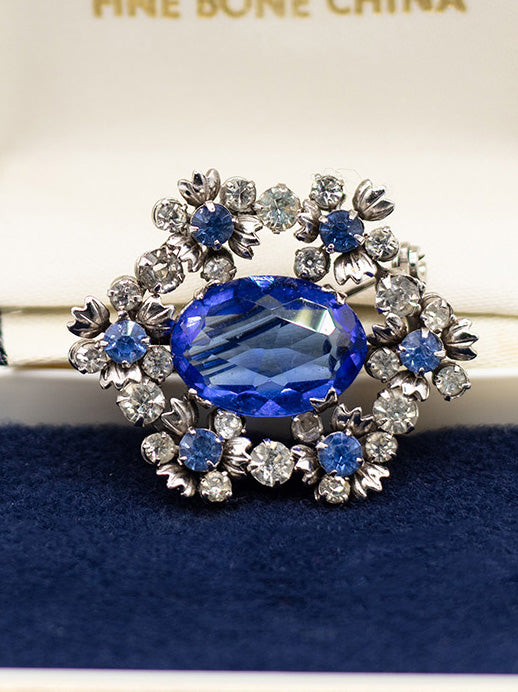 Vintage 60's Sapphire Blue Rhinestone Floral Wreath Brooch